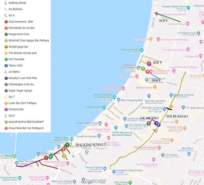 Mapa NIGHTLIFE Pattaya. 5 mejores ciudades Tailandia