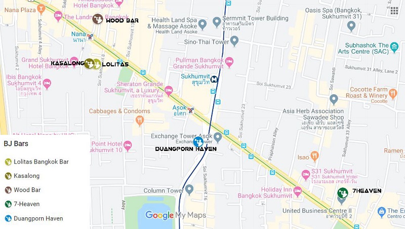 Mapa 5 Mejores BJ Bars en Bangkok. Tailandia.